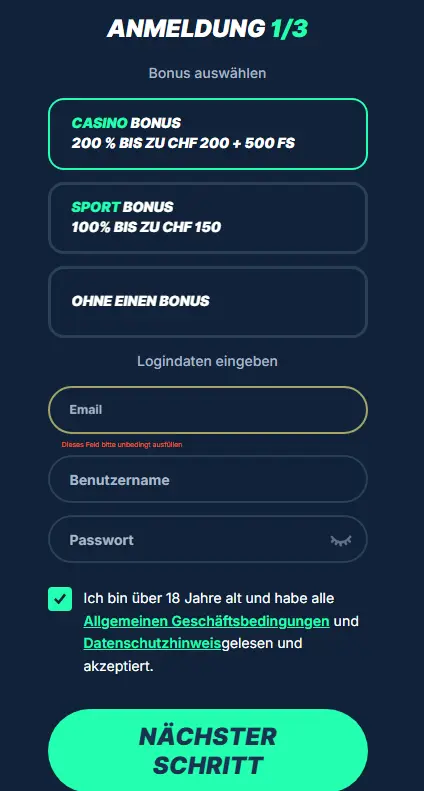 Registrierungsformular – Spielerkonto mit E-Mail-Adresse und Passwort erstellen
